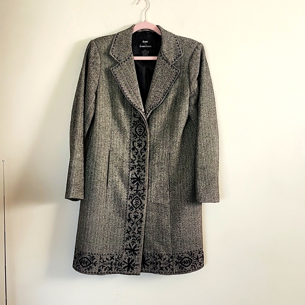 Dennis Basso Wool Blend Trench Style Hidden Button Embroidered Beaded Coat